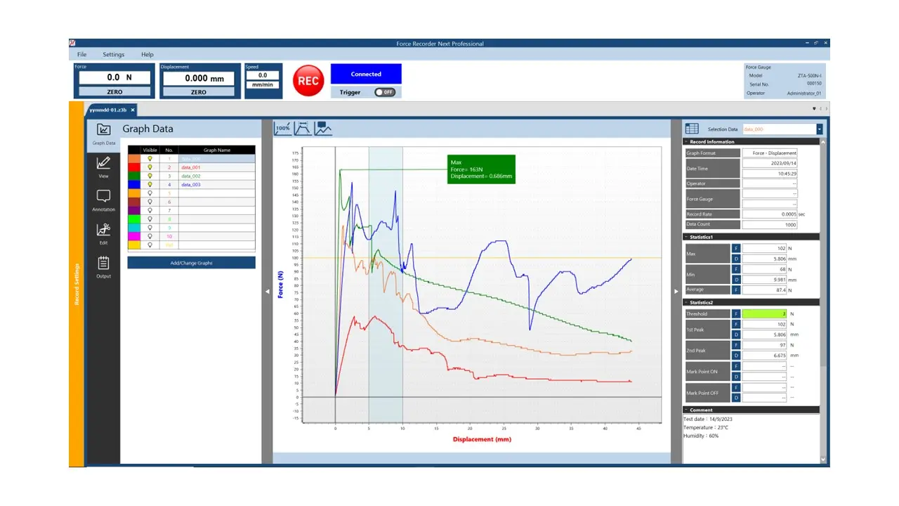 Downloadable Force-Displacement (Torque-Angle) Graphing Software Force Recorder Next Professional